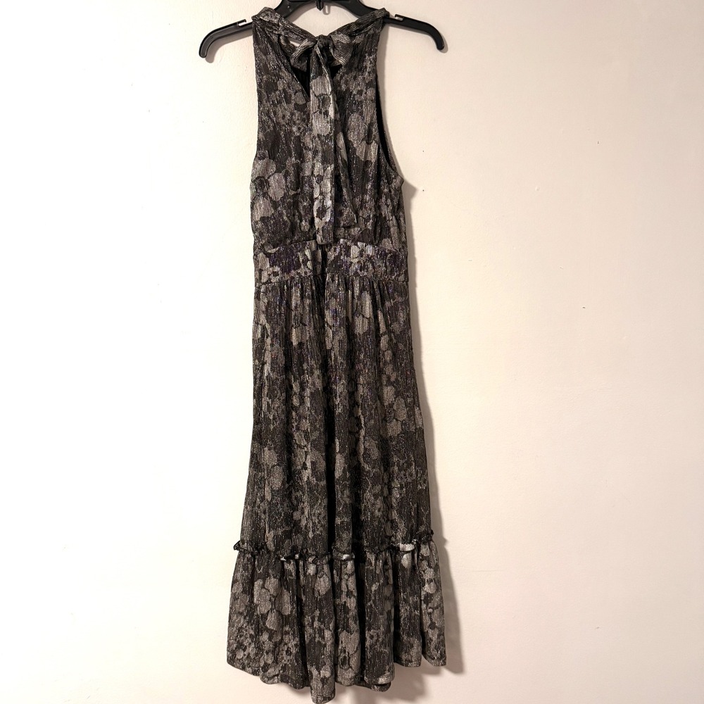 Michael Kors Metallic Floral Print Midi Dress Halter Neck‎ Flowy Ruffle Hem M - Picture 6 of 15